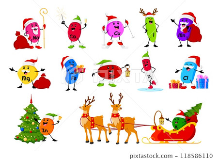 Cartoon Christmas micronutrients characters. Christmas celebration, merry Xmas or winter season holiday micronutrients Na, Ca, Cu and Se, Fe, Mg happy vector personages wearing Santa Claus hat set 118586110