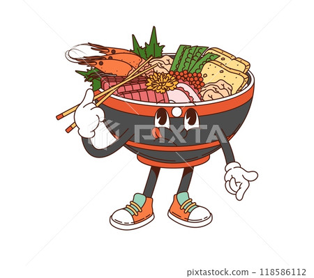 Cartoon groovy kaisendon donburi character. Isolated vector playful traditional Japanese food bowl personage holding chopsticks and filled with various ingredients such as shrimp, fish and vegetable Cartoon groovy kaisendon donburi character. Isolated vector playful traditional Japanese food bowl personage holding chopsticks and filled with various ingredients such as shrimp, fish and vegetable 118586112