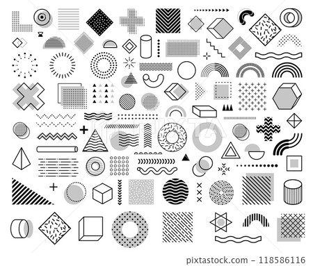 Monochrome memphis geometric shapes. Vector set of black and white circles, squares, triangles and dots, lines, waves, crosses and cylinders with pyramids. Retro abstract 80s style elements or figures 118586116