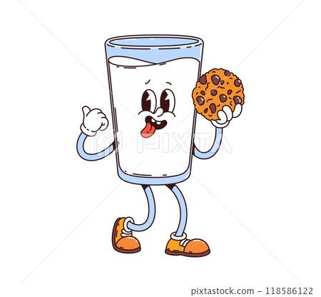 Glass of milk retro groovy breakfast character holding a chocolate chip cookie and giving a thumbs-up. Vector funky drink personage with joyful face expression, and playful nostalgic childhood vibes Glass of milk retro groovy breakfast character holding a chocolate chip cookie and giving a thumbs-up. Vector funky drink personage with joyful face expression, and playful nostalgic childhood vibes 118586122