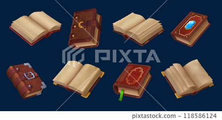 Ancient game book icons of fantasy magic manuscript and spellbook, vector cartoon GUI. Wizard spell books with open pages, old Medieval library manuscripts with magic crystal for fantasy mystery game Ancient game book icons of fantasy magic manuscript and spellbook, vector cartoon GUI. Wizard spell books with open pages, old Medieval library manuscripts with magic crystal for fantasy mystery game 118586124