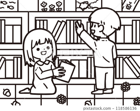 Coloring book of a boy choosing books in a library and a girl recommending books Coloring book of a boy choosing books in a library and a girl recommending books 118586136
