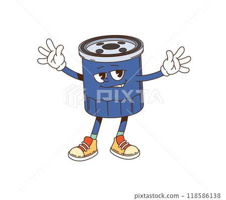 Cartoon groovy oil filter character. Isolated vector playful automobile part personage with expressive eyes, wearing sneakers and gloves, posing with a confident smile and gesturing with both hands Cartoon groovy oil filter character. Isolated vector playful automobile part personage with expressive eyes, wearing sneakers and gloves, posing with a confident smile and gesturing with both hands 118586138