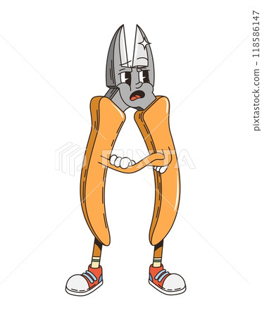 Retro groovy wire cutter tool character, vector funny cartoon comic. Groovy wire cutter pliers with grumpy annoyed face, repair DIY or carpentry work tool and retro cartoon character in hipster shoes Retro groovy wire cutter tool character, vector funny cartoon comic. Groovy wire cutter pliers with grumpy annoyed face, repair DIY or carpentry work tool and retro cartoon character in hipster shoes 118586147