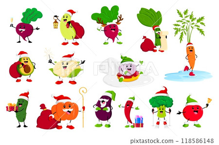 Cartoon winter Christmas vegetable characters. Vector beetroot, squash, radish and spinach. Carrot, avocado, cauliflower or garlic with cucumber, pumpkin, eggplant, broccoli, tomato and chili pepper Cartoon winter Christmas vegetable characters. Vector beetroot, squash, radish and spinach. Carrot, avocado, cauliflower or garlic with cucumber, pumpkin, eggplant, broccoli, tomato and chili pepper 118586148