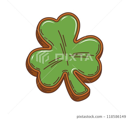 Cartoon groovy Irish shamrock cookie, saint Patrick day clover holiday pastry dessert. Isolated vector sweet delightful Ireland treat in shape of trefoil leaf with green glaze or icing and biscuit Cartoon groovy Irish shamrock cookie, saint Patrick day clover holiday pastry dessert. Isolated vector sweet delightful Ireland treat in shape of trefoil leaf with green glaze or icing and biscuit 118586149