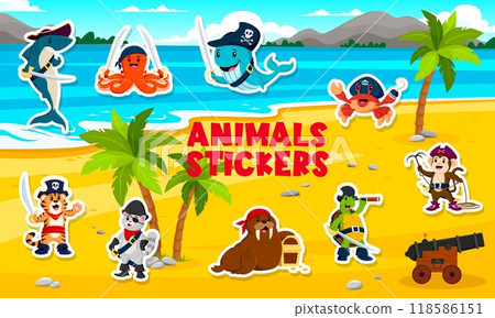Cartoon sea pirate animal characters stickers pack. Playful adventurous shark, octopus, whale or crab, monkey, walrus, cat, turtle and tiger on tropical beach, all adorned with pirate hats and gear Cartoon sea pirate animal characters stickers pack. Playful adventurous shark, octopus, whale or crab, monkey, walrus, cat, turtle and tiger on tropical beach, all adorned with pirate hats and gear 118586151