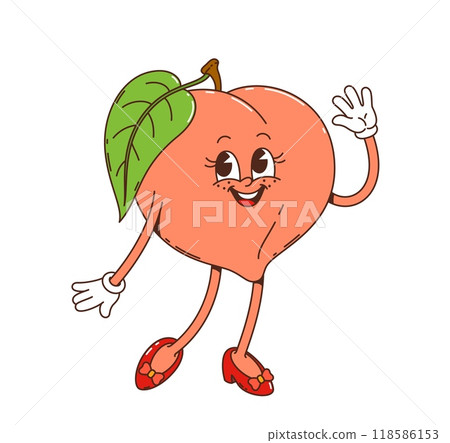 Cartoon groovy peach fruit character with a leaf, waving cheerfully with retro vintage, y2k, hippie vibe. Isolated vector ripe, healthy organic fruit personage wears shoes and smile, gives off a fun 118586153