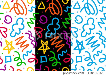 Squiggle line pattern. Abstract vector background, wallpaper or textile print with chaotic scribbles, scrawls, doodles or curls, stars, zigzags, swirls and clouds scattered on white and black backdrop 118586165
