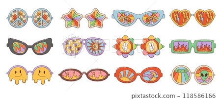 Retro groovy eyewear sunglasses. Vector funky disco glasses in shape of heart, flower, star, hippy peace sign and emoji smile. Vintage sunglasses with rainbow, psychedelic geometric pattern and fire Retro groovy eyewear sunglasses. Vector funky disco glasses in shape of heart, flower, star, hippy peace sign and emoji smile. Vintage sunglasses with rainbow, psychedelic geometric pattern and fire 118586166