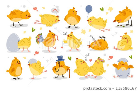 Cartoon funny chick characters, cute Easter bird baby vector set. Kawaii little chicken personages hatch from egg shell, wear gentleman attire, prepare to fight, sleeping, peck the grains and chirping Cartoon funny chick characters, cute Easter bird baby vector set. Kawaii little chicken personages hatch from egg shell, wear gentleman attire, prepare to fight, sleeping, peck the grains and chirping 118586167