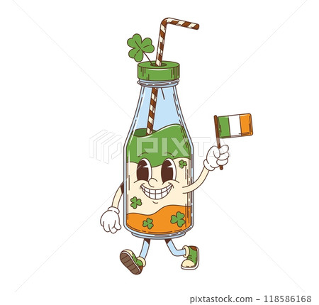 Cartoon groovy milkshake character, saint Patrick day retro holiday drink or beverage personage. Isolated vector glass bottle with a lid and a straw, holding flag of Ireland celebrates festive event 118586168