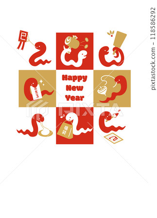 新年賀卡模板,配有新年幸運符和可愛的紅蛇插圖(無註釋) 新年賀卡模板,配有新年幸運符和可愛的紅蛇插圖(無註釋) 118586292