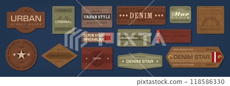 Denim jeans leather labels and patches. Isolated vector set of stylish textured tags for clothing, featuring a variety of shapes and colors, showcase mix of urban and vintage designs and craftsmanship Denim jeans leather labels and patches. Isolated vector set of stylish textured tags for clothing, featuring a variety of shapes and colors, showcase mix of urban and vintage designs and craftsmanship 118586330