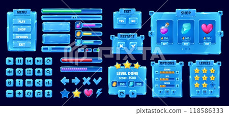 Ice crystal game interface and buttons, game ui asset. Cartoon vector gui elements, including progress bars, menus and action icons play, shop, options, and levels in cool, frosty design for videogame 118586333