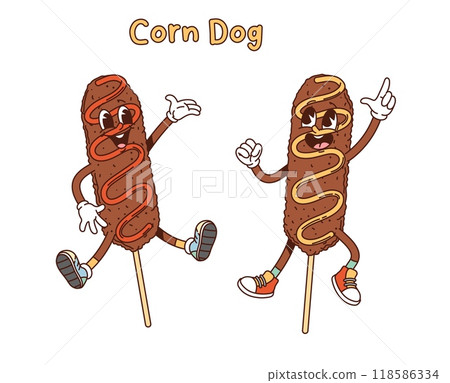 Cartoon groovy Korean corn dog characters. Isolated vector sausages on sticks with ketchup and mustard. Fairground snack, retro joyful food personages jumping with smiling faces and hands raised up 118586334