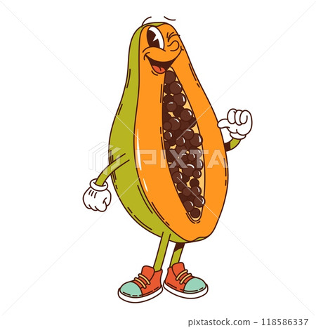 Cartoon groovy ripe papaya fruit character cheerfully winks and giving thumbs-up, showcasing vibrant and friendly smile. Isolated vector tropical papaya fruit personage is sliced open, revealing seeds Cartoon groovy ripe papaya fruit character cheerfully winks and giving thumbs-up, showcasing vibrant and friendly smile. Isolated vector tropical papaya fruit personage is sliced open, revealing seeds 118586337