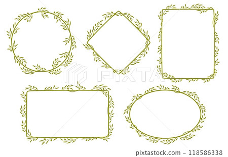 Olive leaf frames, vector set of delicate, elegant borders for invitation, photo frame or menu. Round, oval, rhombus and rectangular decorative elements with a touch of nature in Mediterranean style 118586338