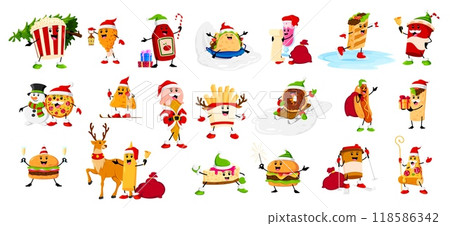 Cartoon Christmas fast food characters. Vector pop corn, chicken leg and ketchup, taco, cocktail, burrito and cola cup. Pizza, nachos, ice cream and French fries with donut or hot dog, cake or coffee 118586342