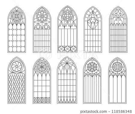 Medieval gothic church or castle glass windows and arches, vector architecture elements. Vintage gothic cathedral windows with stained glass ornaments, antique temple or church arched windows 118586348