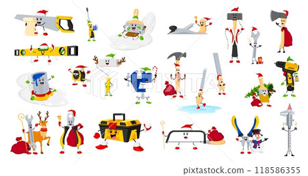 Cartoon Christmas diy and repair tool characters. Funny construction instruments wallpaper roll, axe, drill, file or fretsaw, ruler pliers and planer, vice, trowel, tape measure, hammer or toolbox 118586355