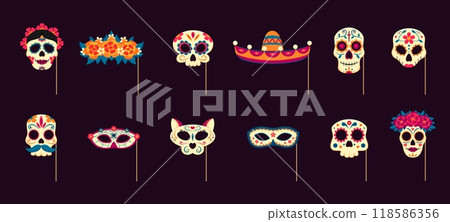 dead day photo booth masks with props. Mexican dia de los muertos holiday vector set of skulls, sombrero, floral wreath and cat head. Spooky smiles and skeletal grins for the afterlife celebration dead day photo booth masks with props. Mexican dia de los muertos holiday vector set of skulls, sombrero, floral wreath and cat head. Spooky smiles and skeletal grins for the afterlife celebration 118586356