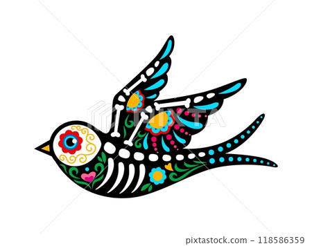 Day of the dead Mexican swallow bird animal skeleton tattoo, sugar skull. Isolated vector vibrant flying bird with bones, intricate patterns, bold colors and floral motifs, symbolizing life and death 118586359
