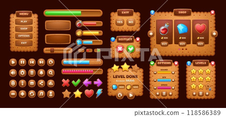 Cookie cracker game interface. Ui game elements, including cartoon windows, options, settings plates, progress bars and gui icons. User panels, boards, sliders, keys, buttons and user interface menus Cookie cracker game interface. Ui game elements, including cartoon windows, options, settings plates, progress bars and gui icons. User panels, boards, sliders, keys, buttons and user interface menus 118586389