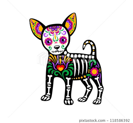 Day of the dead Mexican dog animal skeleton tattoo. Isolated vector Dia de los muertos sugar skull puppy with vibrant floral motifs and bones symbolizing remembrance and celebration of deceased pets Day of the dead Mexican dog animal skeleton tattoo. Isolated vector Dia de los muertos sugar skull puppy with vibrant floral motifs and bones symbolizing remembrance and celebration of deceased pets 118586392