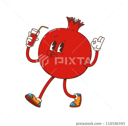 Cartoon groovy pomegranate fruit character sipping a juice with ok gesture. Isolated vector retro tropical fruit personage with expressive face and sneakers, carries a glass of fresh juicy drink Cartoon groovy pomegranate fruit character sipping a juice with ok gesture. Isolated vector retro tropical fruit personage with expressive face and sneakers, carries a glass of fresh juicy drink 118586393