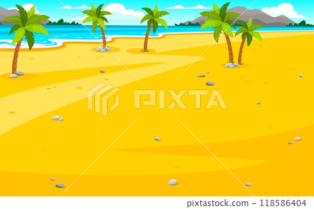 Cartoon tropical summer beach landscape featuring golden sand, palm trees, blue ocean and distant mountains under the sunny cloudy sky. Vector travel vacation background with exotic coastal paradise 118586404