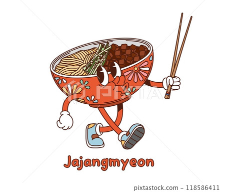 Cartoon groovy Korean jajangmyeon character. Vector bowl filled with noodles, jajang or black bean sauce and julienned cucumbers, holding a pair of chopsticks. Playful, popular korean dish personage 118586411