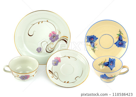 Vintage porcelain cups and saucers isolated on white. Collage. Vintage porcelain cups and saucers isolated on white. Collage. 118586423