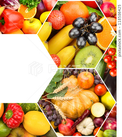 Healthy vegetables and fruit food. collage. There is free space for text. Healthy vegetables and fruit food. collage. There is free space for text. 118586425