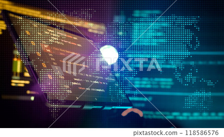 Writing programming functions on laptop. Big data and Internet of things trend. Writing programming functions on laptop. Big data and Internet of things trend. 118586576