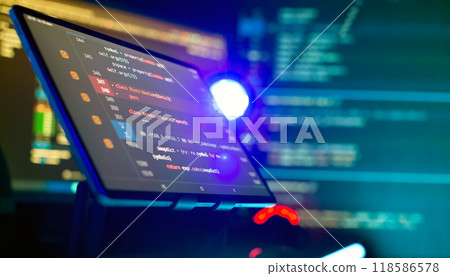 Writing programming functions on laptop. Big data and Internet of things trend. 118586578