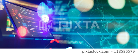 Writing programming functions on laptop. Big data and Internet of things trend. 118586579