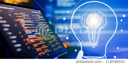 Coding script text on screen, technology industry concept development of programming and coding 118586581