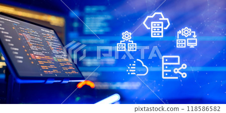 Coding script text on screen, technology industry concept development of programming and coding 118586582