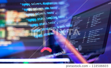 Coding script text on screen. Abstract computer script about big data and blockchain database. Coding script text on screen. Abstract computer script about big data and blockchain database. 118586603