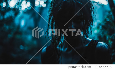 Young woman posing with wet hair in dark forest Young woman posing with wet hair in dark forest 118586620