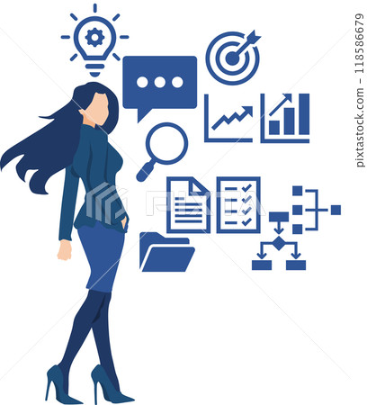 Illustration of a businesswoman thinking about business strategies Illustration of a businesswoman thinking about business strategies 118586679