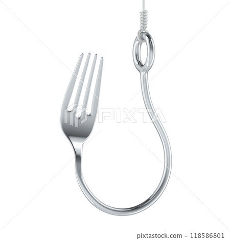 Food Addiction, concept. Fork as fishing hook, 3D rendering 118586801