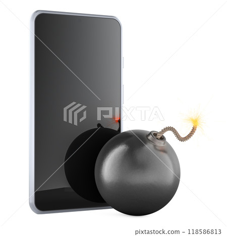 Smartphone explosions. Cell phone and bomb with burning fuse. 3D rendering Smartphone explosions. Cell phone and bomb with burning fuse. 3D rendering 118586813