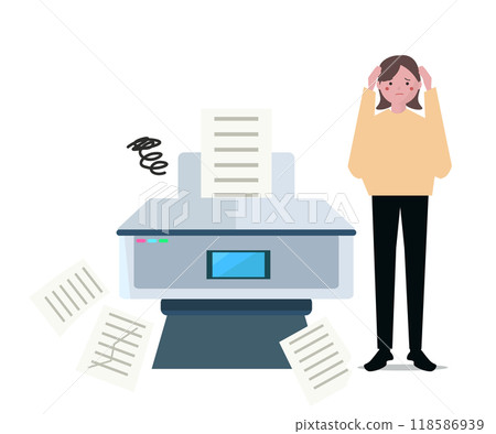一名婦女因印刷機故障而陷入困境。影印機故障。向量圖 一名婦女因印刷機故障而陷入困境。影印機故障。向量圖 118586939