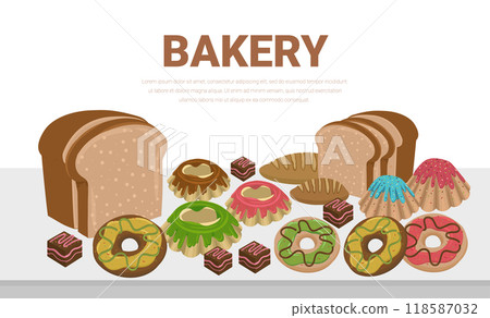 Bakery vector, Baked bread products wheat, rye bread loafs, sliced bread toasts, chocolate muffin, donut. Elements for bakery, pastry design. 118587032