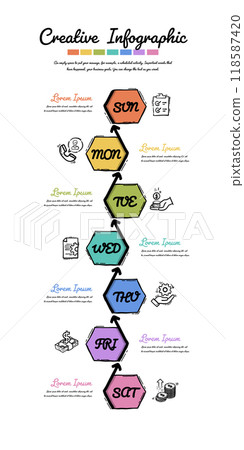 Infographic Hand drawn weekly planner, Timeline business for 7 day, Presentation business can be used for Business concept with 7 options, steps or processes. Infographic Hand drawn weekly planner, Timeline business for 7 day, Presentation business can be used for Business concept with 7 options, steps or processes. 118587420