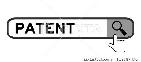 Search banner in word patent with hand over magnifier icon on white background Search banner in word patent with hand over magnifier icon on white background 118587476
