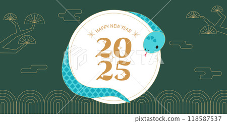2025 New Year greeting card with a blue snake illustration 2025 New Year greeting card with a blue snake illustration 118587537