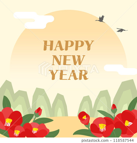 New Year greeting card with camellia flower illustration 118587544